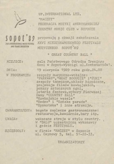 Ulotka informacyjna dotycząca imprez towarzyszących na Międzynarodowym Festiwalu Piosenki Sopot&rsquo;89