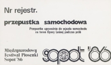 Przepustka samochodowa Międzynarodowy Festiwal Piosenki Sopot '86