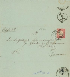 Przesyłka sądowa napisana przez kartuski sąd 18 lutego 1874 r.