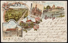 Stolp: plac Bl&uuml;chera, poczta, Brama Młyńska i okolice, rynek i kości&oacute;ł Mariacki, dawny kości&oacute;ł św. Mikołaja