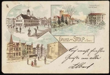 Stolp: stary ratusz, rzeka z dawnym kościołem św. Mikołaja i urzędem, Am Bahnthor