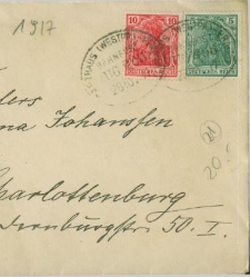 Koperta nadana w Kartuzach 28 października 1917 r. do adresata w Charlottenburgu (dzielnica Berlina)