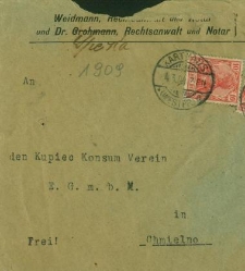Przesyłka z 1909 r. z Kancelarii prawniczej i notarialnej Weidmanna z Kartuz, zaadresowana do kupca ze Sp&oacute;łdzielni Spożywc&oacute;w z Chmielna