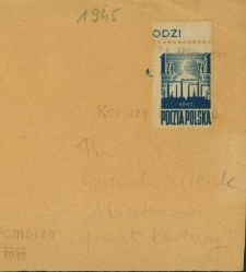 Karta pocztowa zaadresowana do Pani Gertrudy Witteck w Miechucinie, powiat Kartuzy z 21 marca 1945 r.