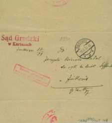 Przesyłka z dnia 9 października 1930 r. z Sądu Grodzkiego w Kartuzach do ks. Franciszka Laffonta, proboszcza parafii Żukowskiej