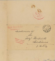 Przesyłka z Sądu Grodzkiego w Kartuzach do adresata J&oacute;zefa Kwidzińskiego z Miechucina z 21 lutego 1933 r.
