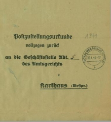 Pocztowy dokument doręczenia, wystawiony na Paula Skierkę z Żukowa, w dniu 30 sierpnia 1941(?) r.