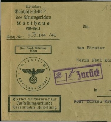 Przesyłka zawierająca dokument doręczenia, adresat Paul Kurkowski z Mischau (Miszewa)
