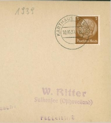 Przesyłka nadana 10 października 1939 r. w Kartuzach do W. Rittera w Falknesee