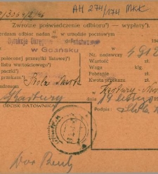 Zwrotne poświadczenie odbioru/wypłaty nadane w urzędzie pocztowym Dyrekcji Okręgowej Kolei Państwowych w Gdańsku.