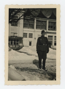 Black and white photograph showing a Wehrmacht soldier in front of the Spa House