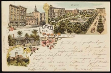 Stolp: rynek i kości&oacute;ł Mariacki, plac Bl&uuml;chera, restauracja Waldkater, dawny kości&oacute;ł św. Mikołaja