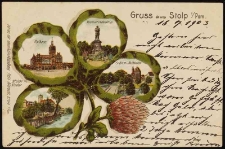 Stolp: town hall, Bismarck monument, former St. Nicholas church and castle with Mill Gate