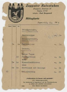 Karta menu z sopockiej restauracji &bdquo;Ratsstuben Zoppot", Seestrasse 23