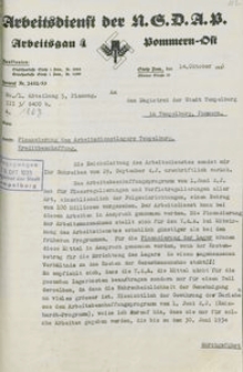Pismo Arbeitsdienst Okręg nr 4 przy NSDAP w Słupsku do magistratu Czaplinka z 14.10.1933 r.