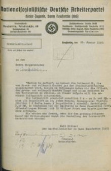 Pismo Hitlerjugend, Chorągiew 193 przy NSDAP w Szczecinku do burmistrza Czaplinka z 26 I 1939 r.