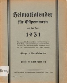 Heimatkalender f&uuml;r Ostpommern auf das Jahr 1931